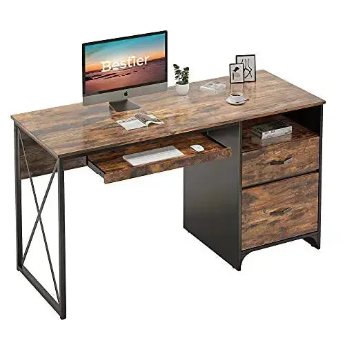 Bestier Industrial Desk, 55" | Drawers, Keyboard Tray - Rustic Brown Bestier