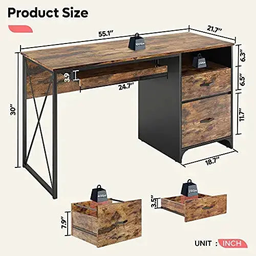 Bestier Industrial Desk, 55" | Drawers, Keyboard Tray - Rustic Brown Bestier