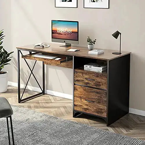 Bestier Industrial Desk, 55" | Drawers, Keyboard Tray - Rustic Brown Bestier