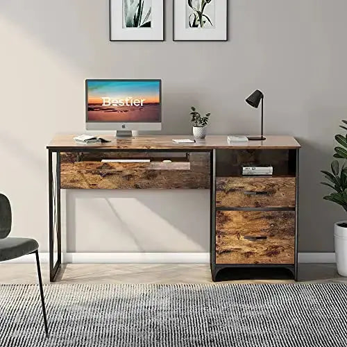 Bestier Industrial Desk, 55" | Drawers, Keyboard Tray - Rustic Brown Bestier