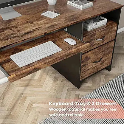 Bestier Industrial Desk, 55" | Drawers, Keyboard Tray - Rustic Brown Bestier