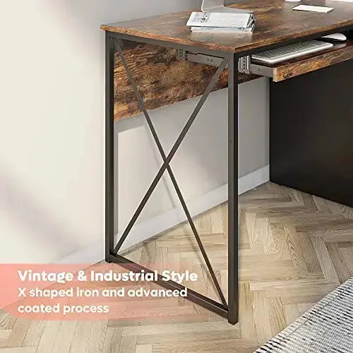 Bestier Industrial Desk, 55" | Drawers, Keyboard Tray - Rustic Brown Bestier