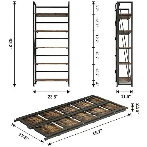 4NM Bookshelf | Folding 5-Tiers Bookcase - Rustic Brown/Black 4NM