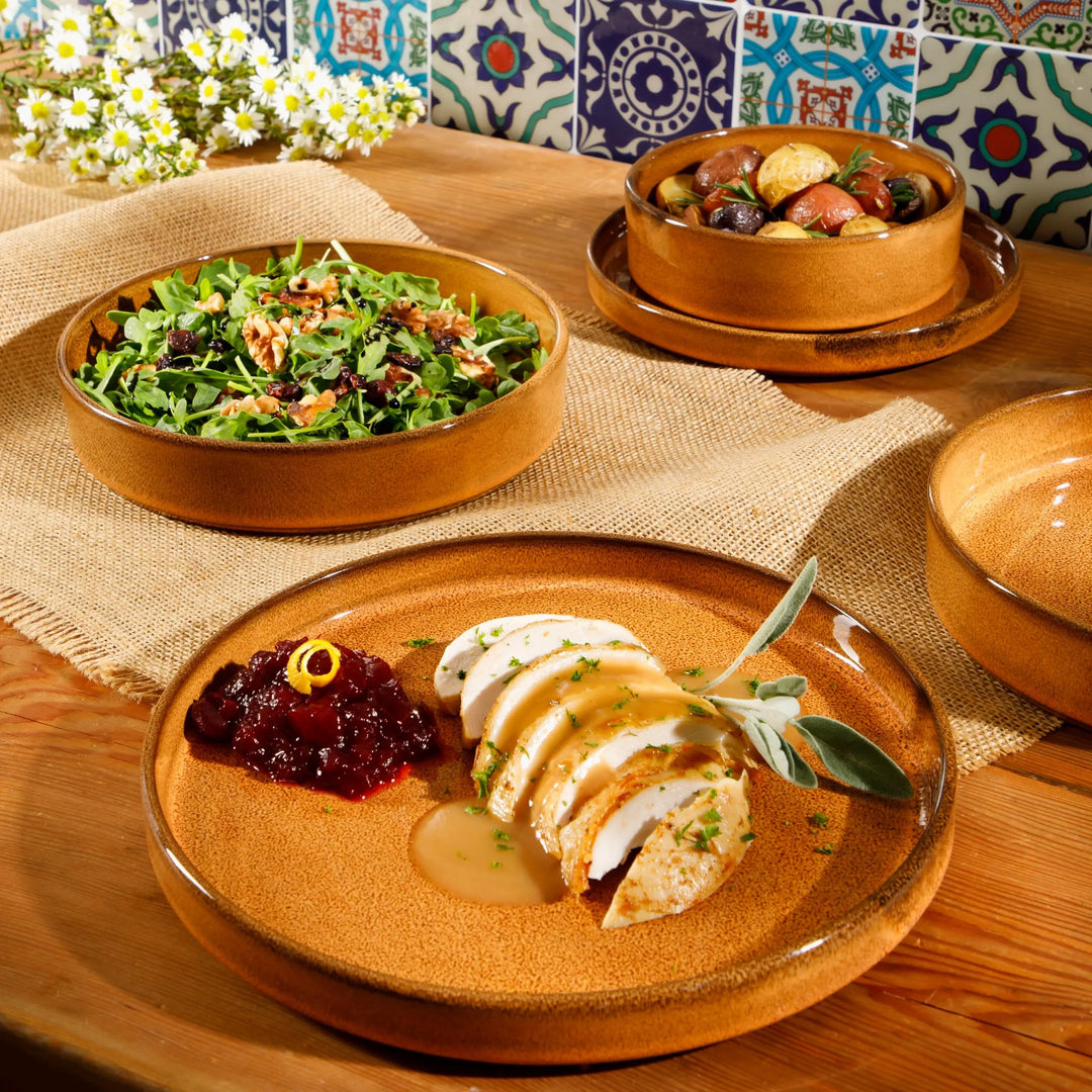 Bloomhouse Santorini Mist Double Bowl Terracotta Dinnerware Set, Amber, 16pcs
