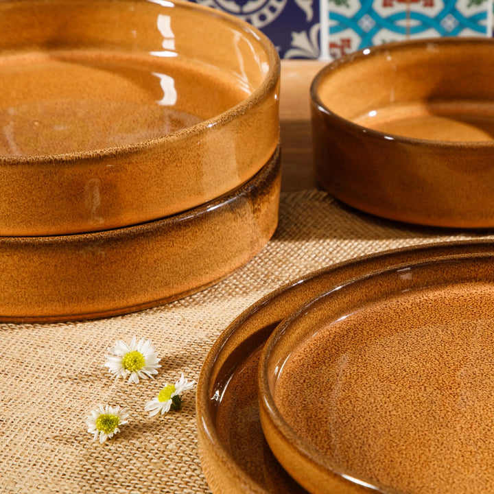 Bloomhouse Santorini Mist Double Bowl Terracotta Dinnerware Set, Amber, 16pcs
