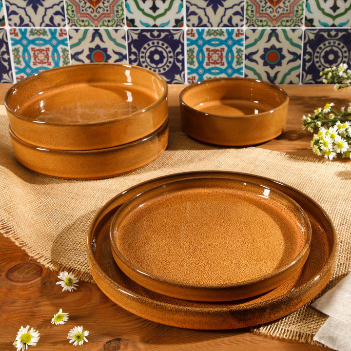 Bloomhouse Santorini Mist Double Bowl Terracotta Dinnerware Set, Amber, 16pcs