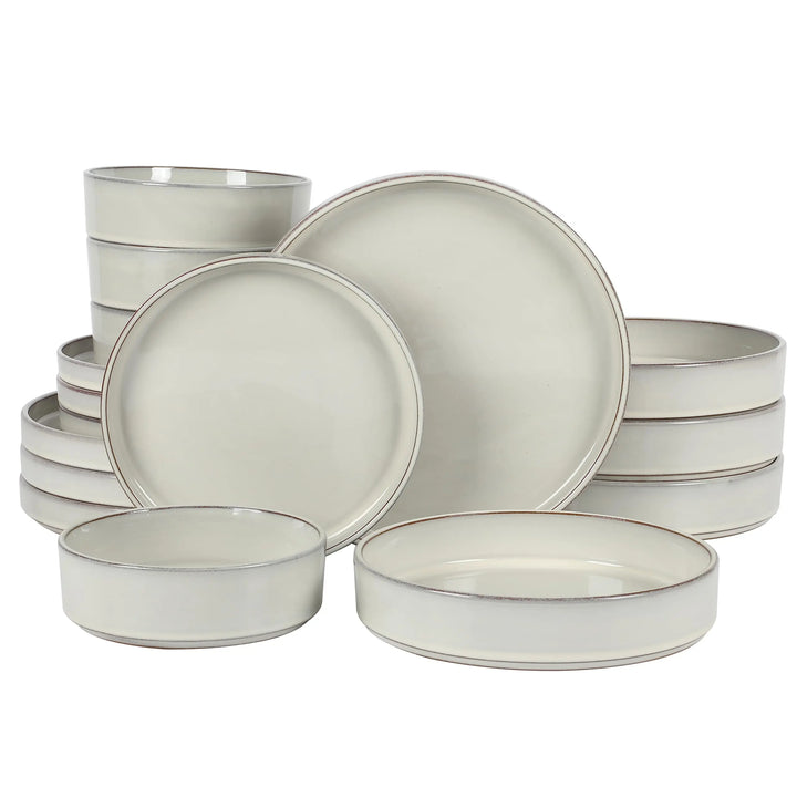 Bloomhouse Santorini Mist Double Bowl Terracotta Dinnerware Set, Moonstone White, 16pcs