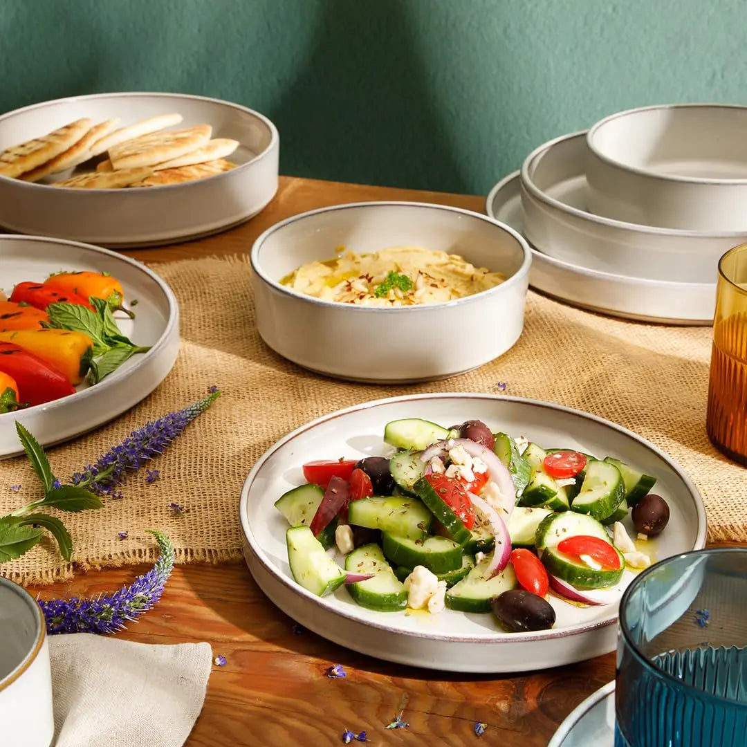 Bloomhouse Santorini Mist Double Bowl Terracotta Dinnerware Set, Moonstone White, 16pcs