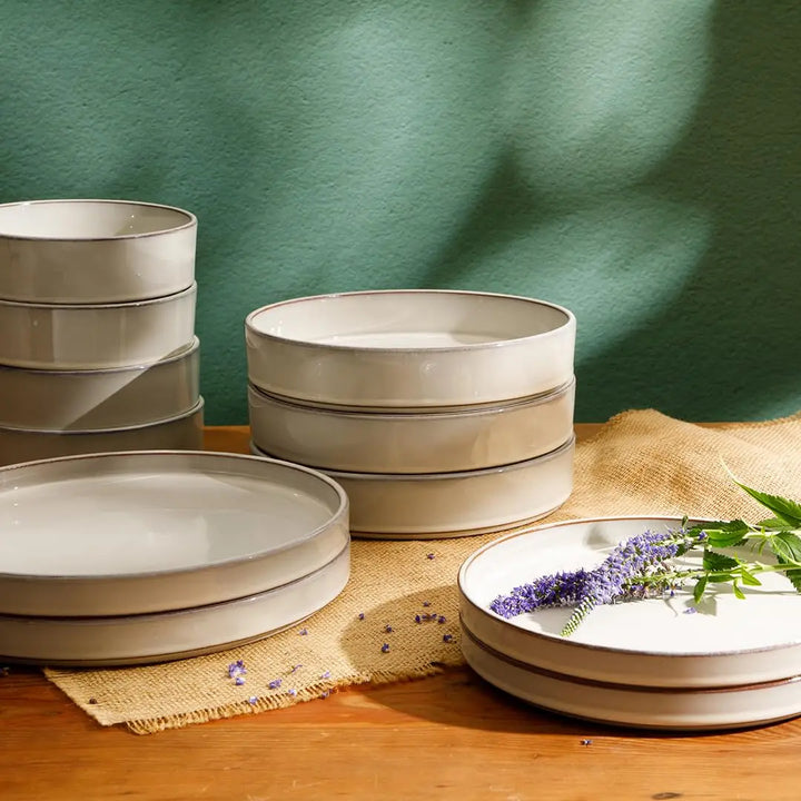 Bloomhouse Santorini Mist Double Bowl Terracotta Dinnerware Set, Moonstone White, 16pcs