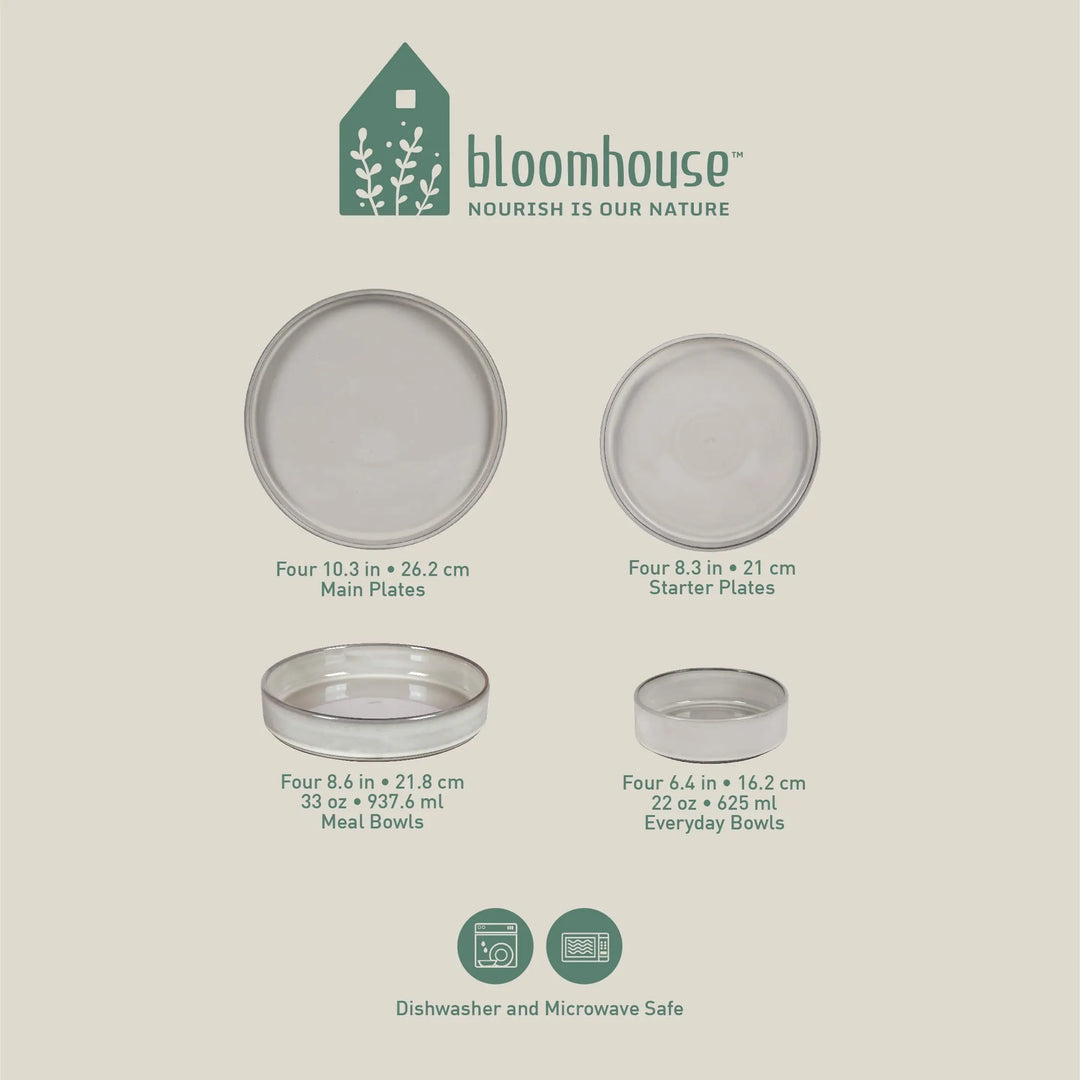 Bloomhouse Santorini Mist Double Bowl Terracotta Dinnerware Set, Moonstone White, 16pcs