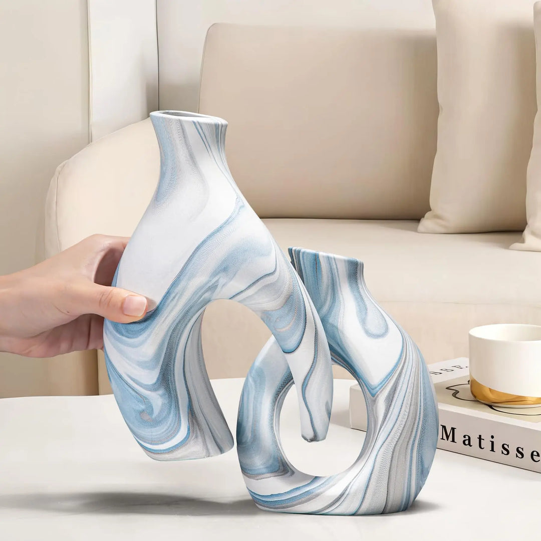 Blue Ceramic Snuggle Vases, Set of 2, for Flowers