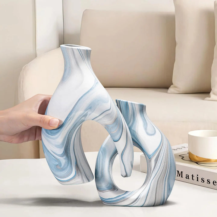 Blue Ceramic Snuggle Vases, Set of 2, for Flowers