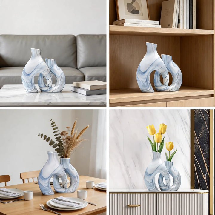 Blue Ceramic Snuggle Vases, Set of 2, for Flowers