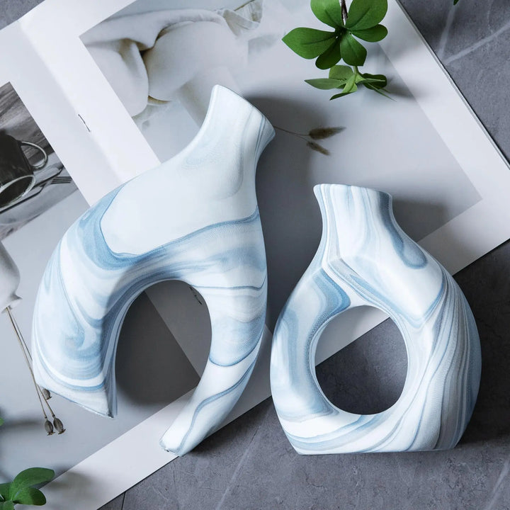 Blue Ceramic Snuggle Vases, Set of 2, for Flowers
