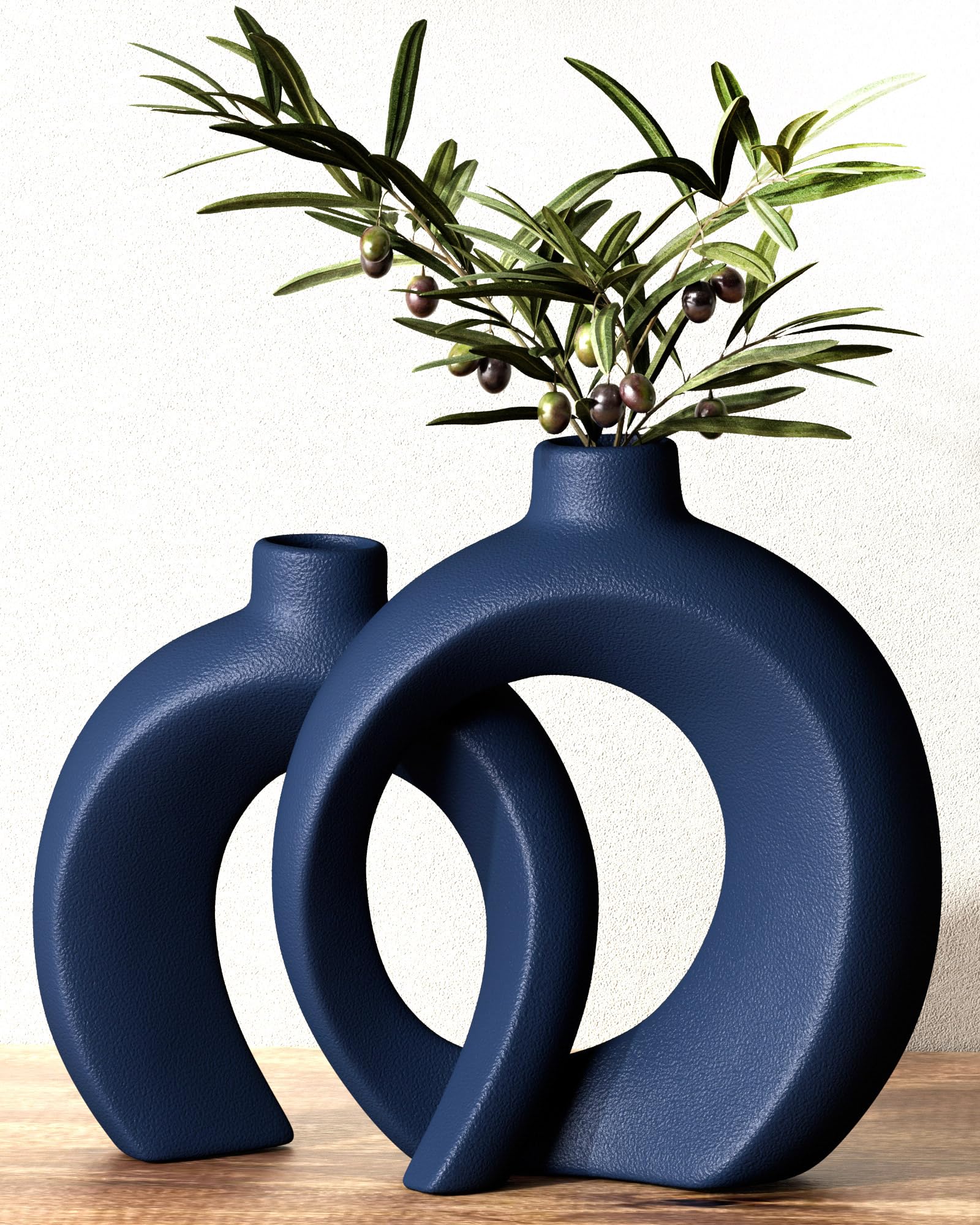 Blue Vase Set of 2 - Donut Navy Vases Home Decor, Modern Coastal Decor - Decorative Vase, Ceramic Decorations for Living Room Coffee Table Bookshelf Shelf Console Mantle (Matte Navy Blue) 