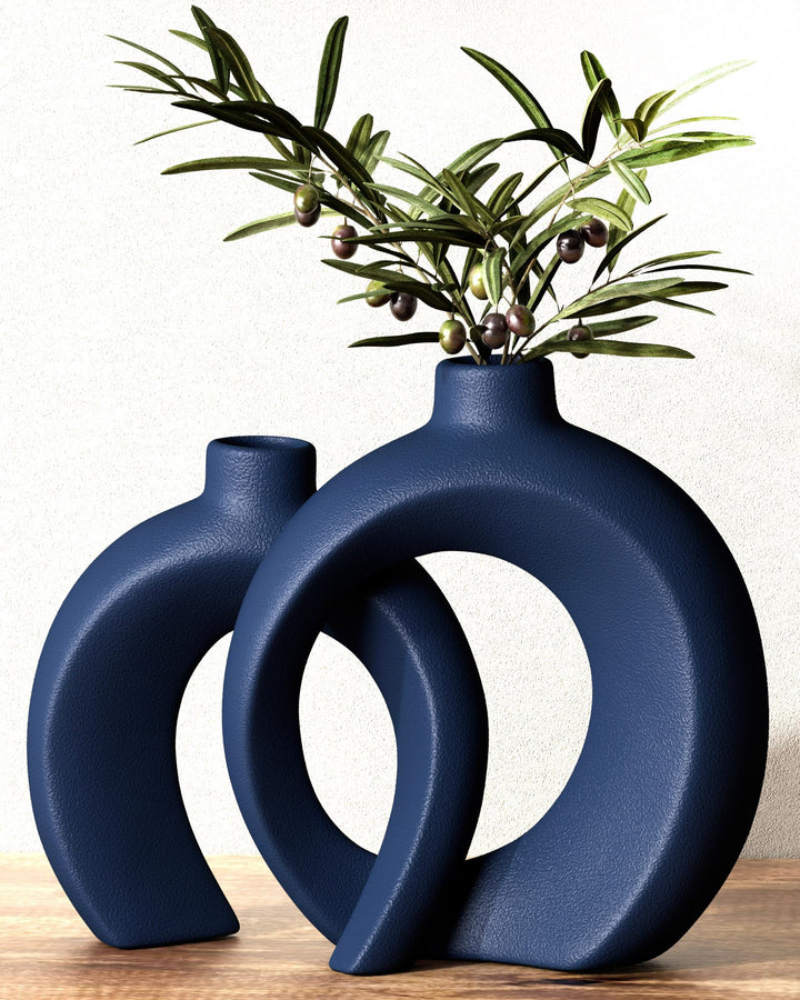 Blue Vase Set of 2 - Donut Navy Vases Home Decor, Modern Coastal Decor - Decorative Vase, Ceramic Decorations for Living Room Coffee Table Bookshelf Shelf Console Mantle (Matte Navy Blue) 