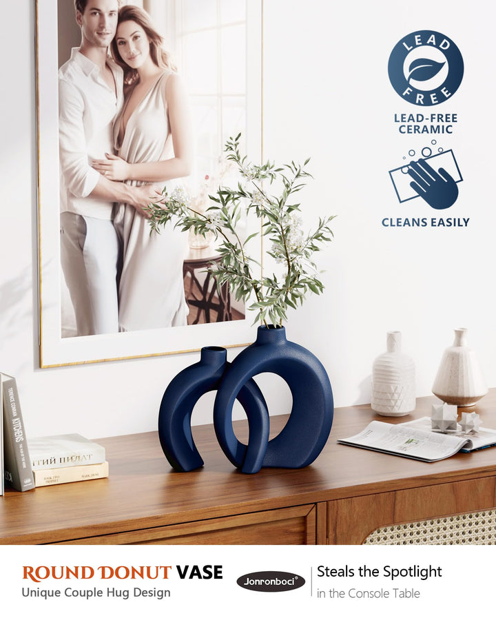Blue Vase Set of 2 - Donut Navy Vases Home Decor, Modern Coastal Decor - Decorative Vase, Ceramic Decorations for Living Room Coffee Table Bookshelf Shelf Console Mantle (Matte Navy Blue) 