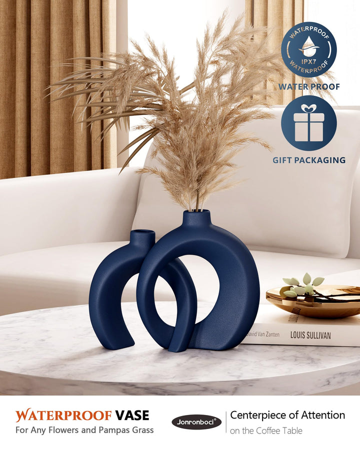 Blue Vase Set of 2 - Donut Navy Vases Home Decor, Modern Coastal Decor - Decorative Vase, Ceramic Decorations for Living Room Coffee Table Bookshelf Shelf Console Mantle (Matte Navy Blue) 