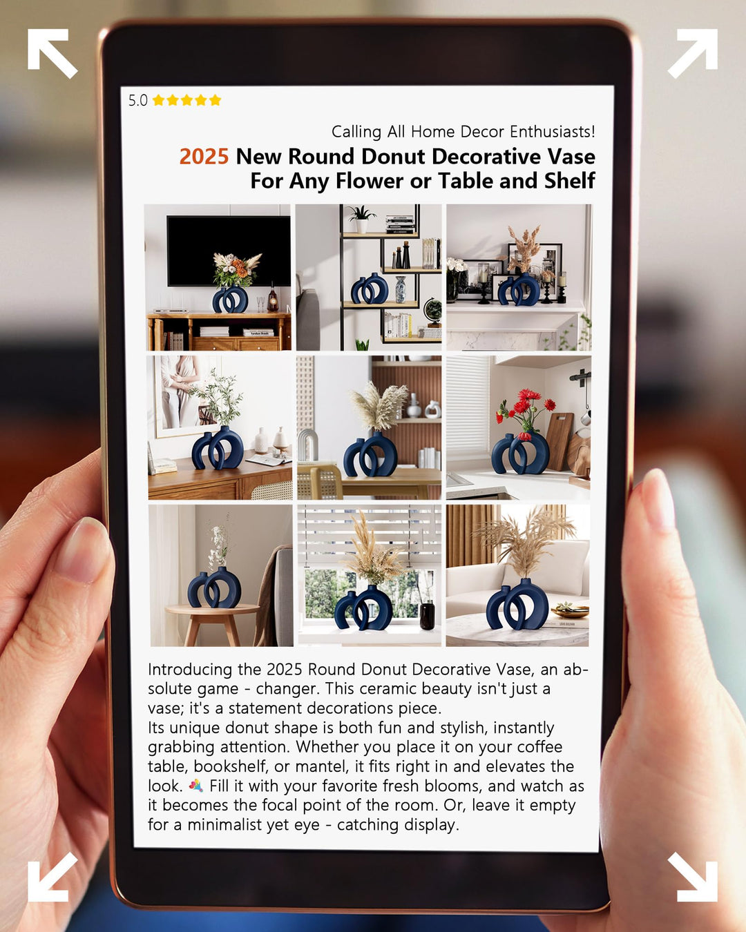 Blue Vase Set of 2 - Donut Navy Vases Home Decor, Modern Coastal Decor - Decorative Vase, Ceramic Decorations for Living Room Coffee Table Bookshelf Shelf Console Mantle (Matte Navy Blue) 