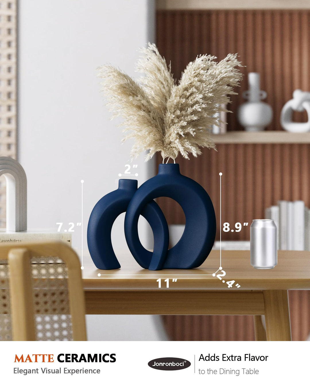 Blue Vase Set of 2 - Donut Navy Vases Home Decor, Modern Coastal Decor - Decorative Vase, Ceramic Decorations for Living Room Coffee Table Bookshelf Shelf Console Mantle (Matte Navy Blue) 