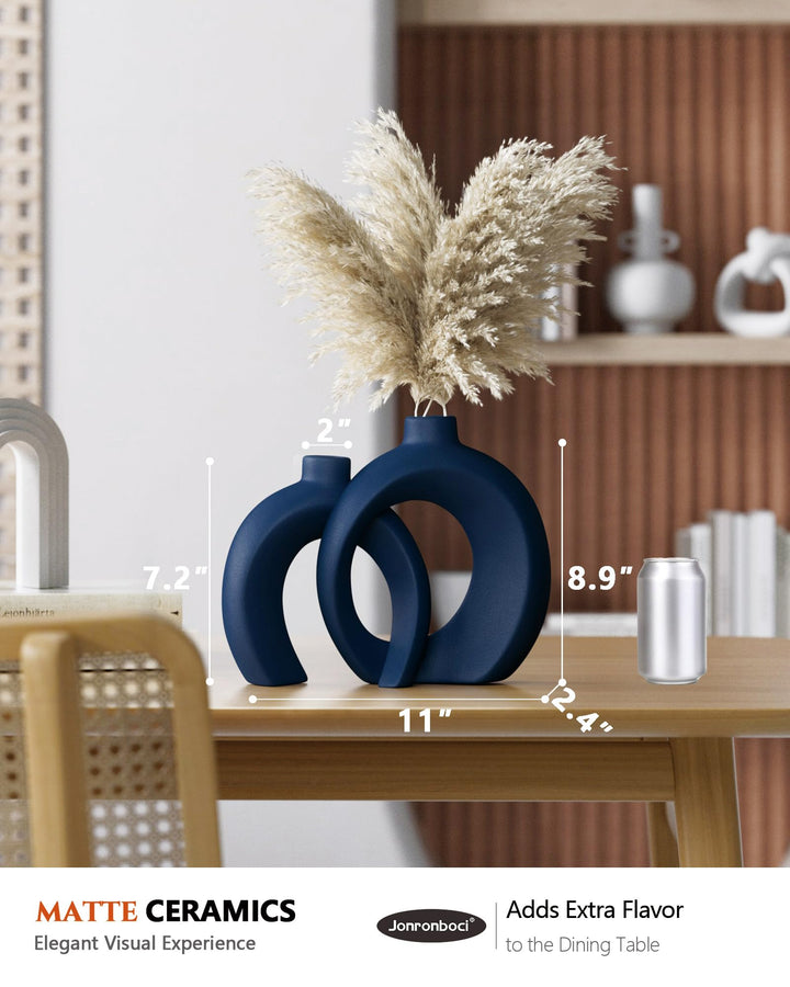 Blue Vase Set of 2 - Donut Navy Vases Home Decor, Modern Coastal Decor - Decorative Vase, Ceramic Decorations for Living Room Coffee Table Bookshelf Shelf Console Mantle (Matte Navy Blue) 