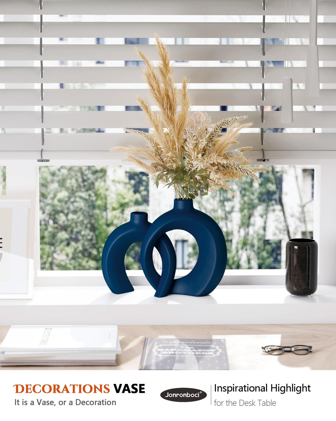 Blue Vase Set of 2 - Donut Navy Vases Home Decor, Modern Coastal Decor - Decorative Vase, Ceramic Decorations for Living Room Coffee Table Bookshelf Shelf Console Mantle (Matte Navy Blue) 