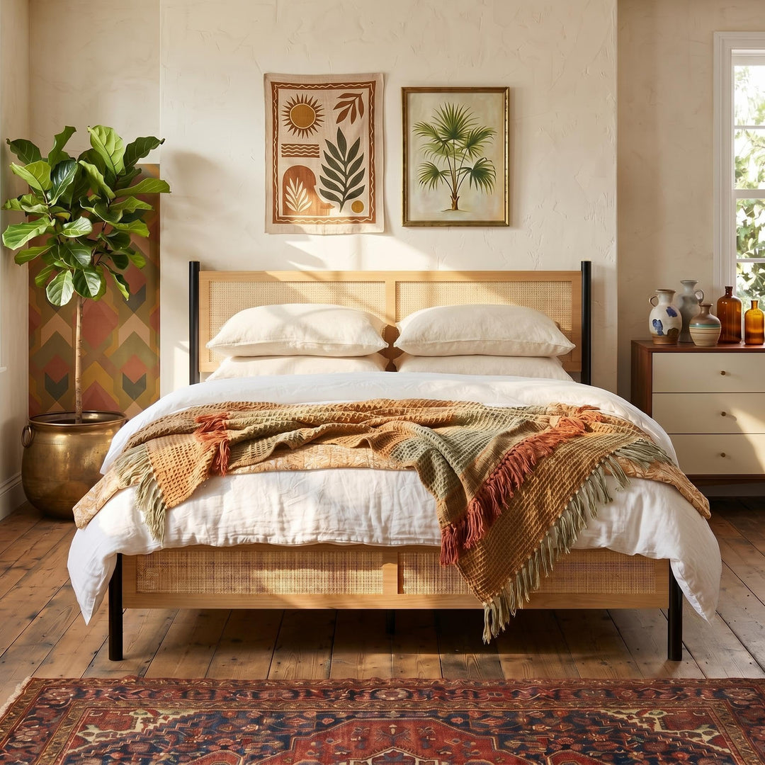 Boho Rattan Queen Bed Frame with Hand Woven Wicker Headboard &amp; Footboard 