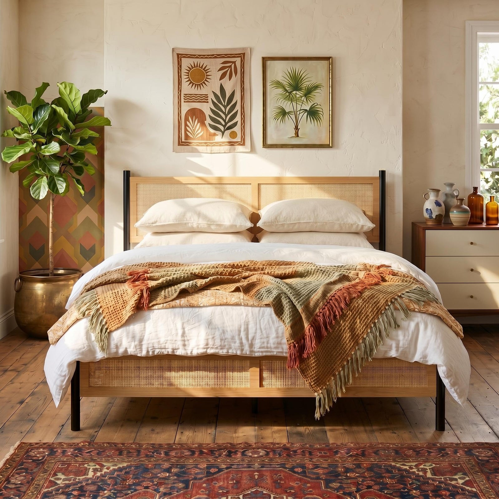Boho Rattan Queen Bed Frame with Hand Woven Wicker Headboard & Footboard 