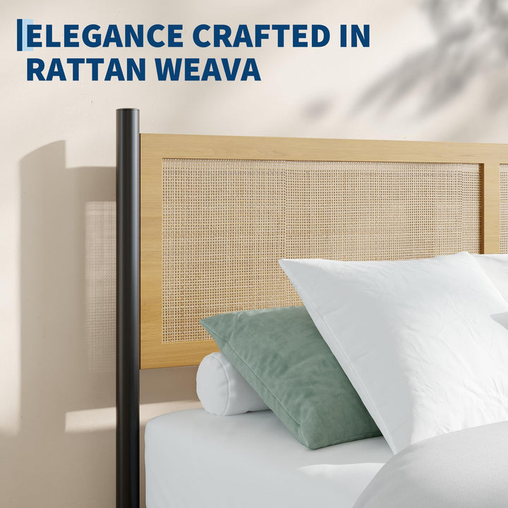 Boho Rattan Queen Bed Frame with Hand Woven Wicker Headboard &amp; Footboard 