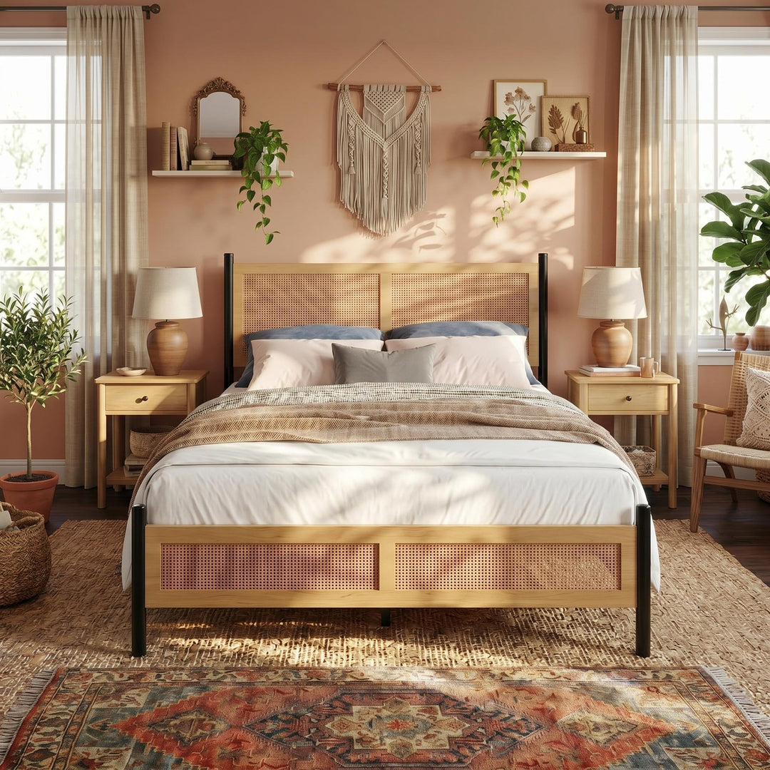 Boho Rattan Queen Bed Frame with Hand Woven Wicker Headboard &amp; Footboard 
