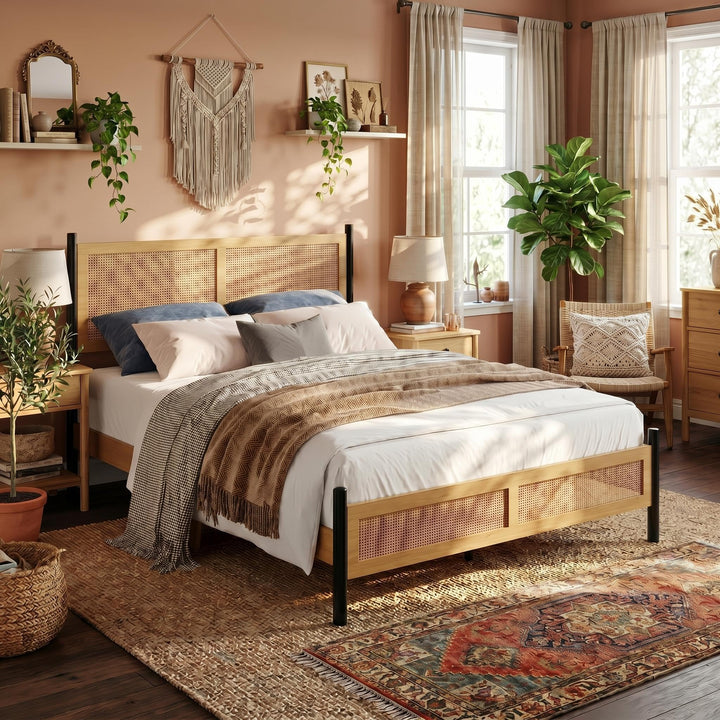 Boho Rattan Queen Bed Frame with Hand Woven Wicker Headboard &amp; Footboard 