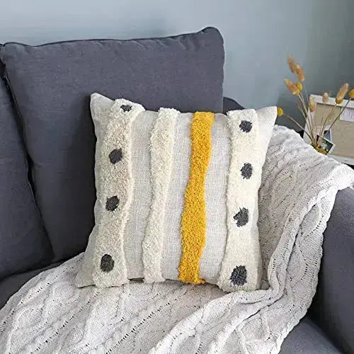 Boho Tufted Throw Pillow Cover, Handwoven Stripes, 18" x 18" - Mustard