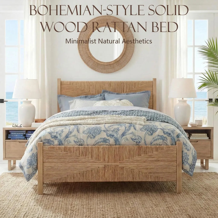 Brafab Queen Size Rattan Bed Frame, Boho Bed Frame with Hand Woven Wicker Headboard &amp; Footboard, Mid-Century Solid Wood Posts and Feet, Metal Slat, No Box Spring Needed, Natural Oak 