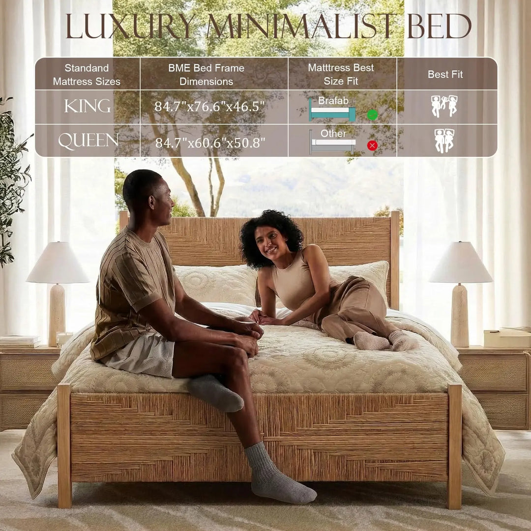 Brafab Queen Size Rattan Bed Frame, Boho Bed Frame with Hand Woven Wicker Headboard &amp; Footboard, Mid-Century Solid Wood Posts and Feet, Metal Slat, No Box Spring Needed, Natural Oak 