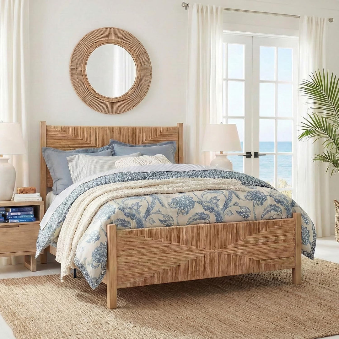 Brafab Queen Size Rattan Bed Frame, Boho Bed Frame with Hand Woven Wicker Headboard &amp; Footboard, Mid-Century Solid Wood Posts and Feet, Metal Slat, No Box Spring Needed, Natural Oak 