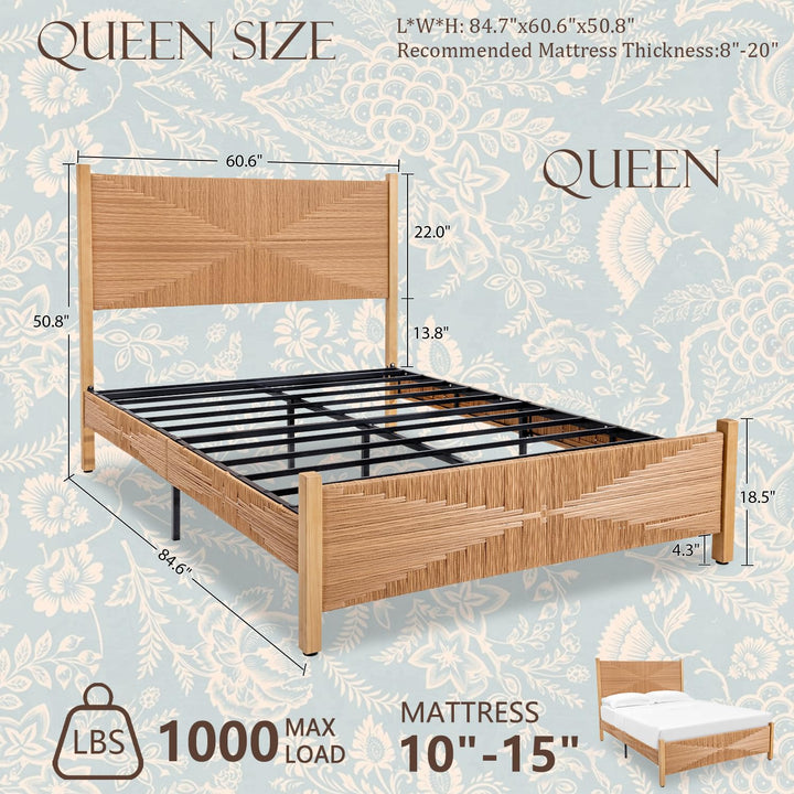 Brafab Queen Size Rattan Bed Frame, Boho Bed Frame with Hand Woven Wicker Headboard &amp; Footboard, Mid-Century Solid Wood Posts and Feet, Metal Slat, No Box Spring Needed, Natural Oak 