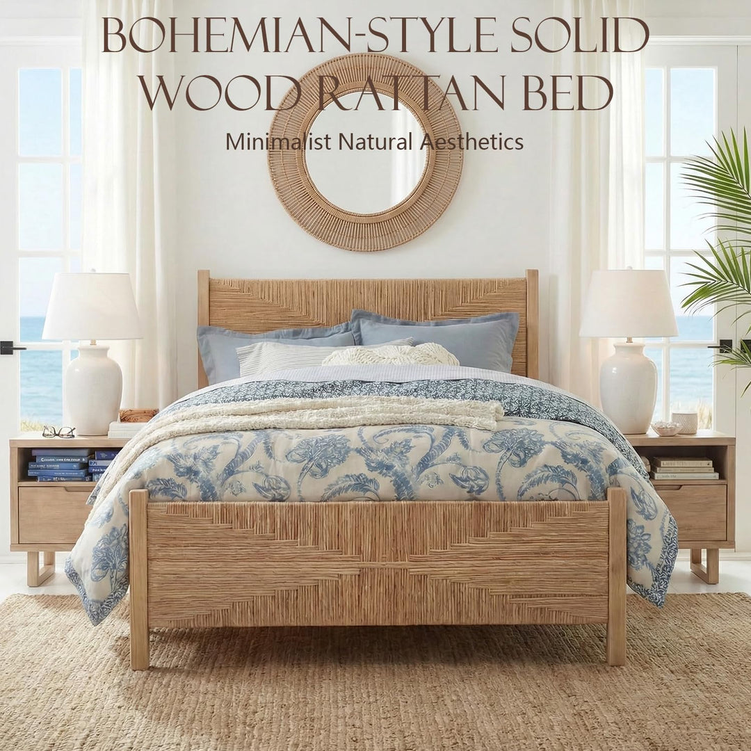 Brafab Queen Size Rattan Bed Frame, Boho Bed Frame with Hand Woven Wicker Headboard &amp; Footboard, Mid-Century Solid Wood Posts and Feet, Metal Slat, No Box Spring Needed, Natural Oak 