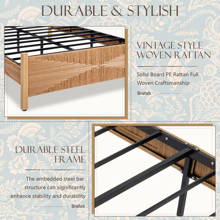 Brafab Queen Size Rattan Bed Frame, Boho Bed Frame with Hand Woven Wicker Headboard &amp; Footboard, Mid-Century Solid Wood Posts and Feet, Metal Slat, No Box Spring Needed, Natural Oak 