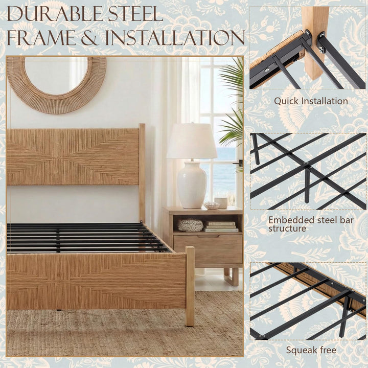 Brafab Queen Size Rattan Bed Frame, Boho Bed Frame with Hand Woven Wicker Headboard &amp; Footboard, Mid-Century Solid Wood Posts and Feet, Metal Slat, No Box Spring Needed, Natural Oak 