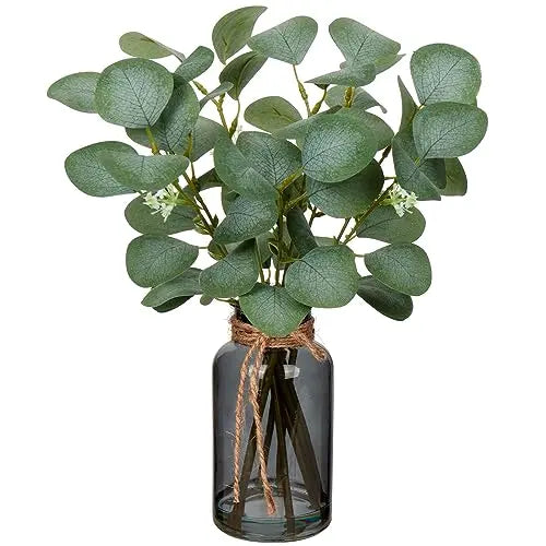 Briful Artificial Eucalyptus Stems in Black Glass Vase with Faux Water, 14" Fake Plant Eucalyptus Leaves for Home Office Farmhouse Wedding Centerpiece Décor 