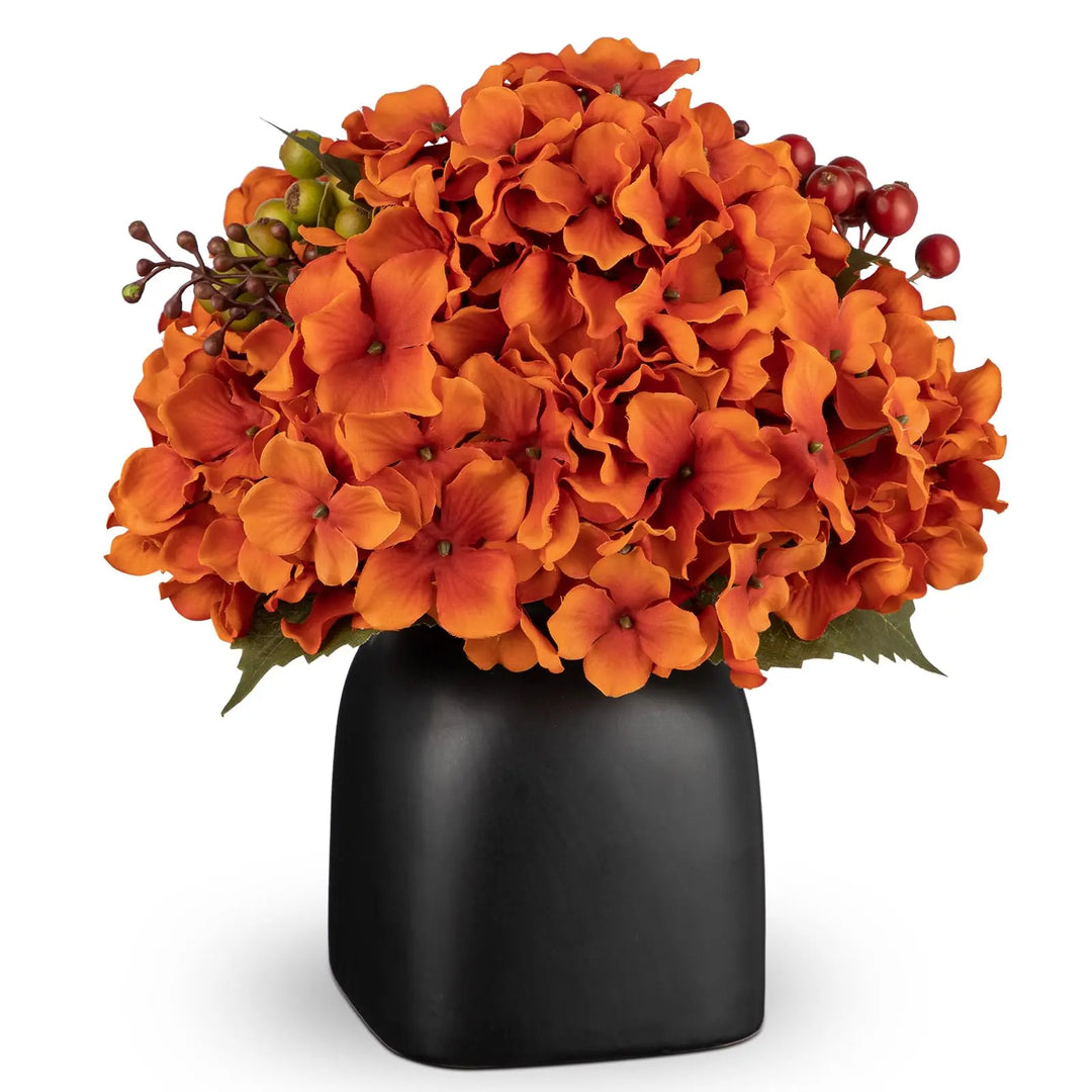 Briful Autumn Hydrangea Artificial Flowers in Black Square Ceramic Pot, Burnt Orange