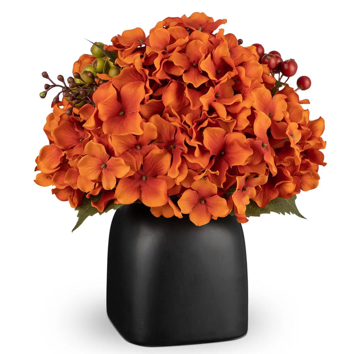 Briful Autumn Hydrangea Artificial Flowers in Black Square Ceramic Pot, Burnt Orange