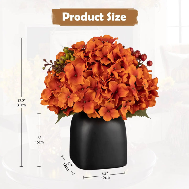 Briful Autumn Hydrangea Artificial Flowers in Black Square Ceramic Pot, Burnt Orange