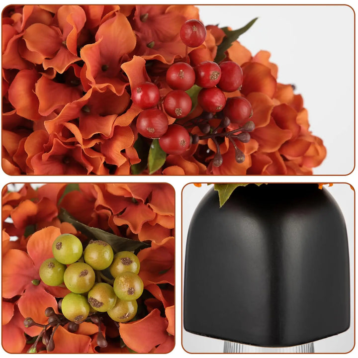 Briful Autumn Hydrangea Artificial Flowers in Black Square Ceramic Pot, Burnt Orange