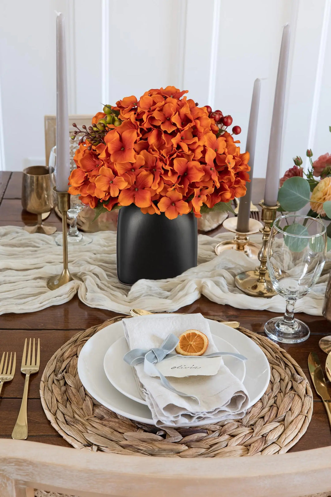 Briful Autumn Hydrangea Artificial Flowers in Black Square Ceramic Pot, Burnt Orange