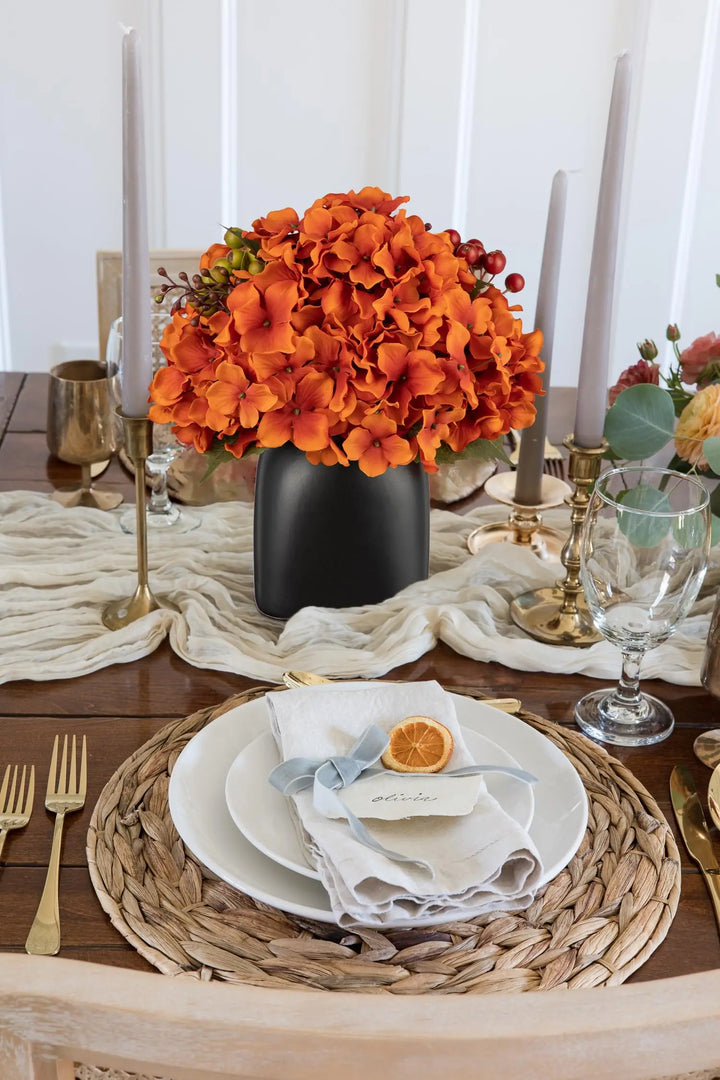 Briful Autumn Hydrangea Artificial Flowers in Black Square Ceramic Pot, Burnt Orange
