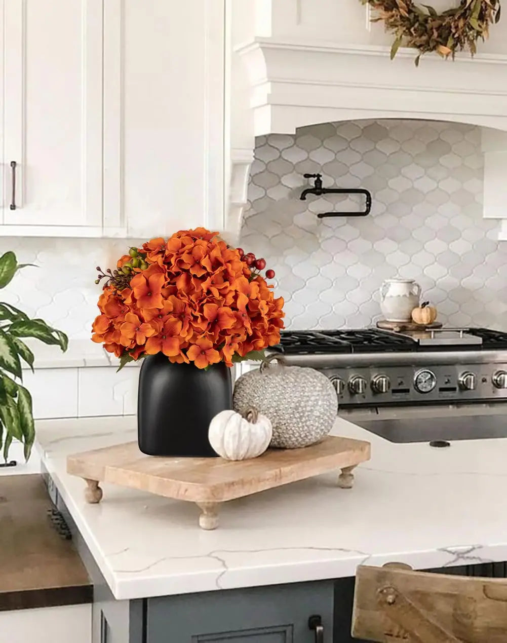 Briful Autumn Hydrangea Artificial Flowers in Black Square Ceramic Pot, Burnt Orange