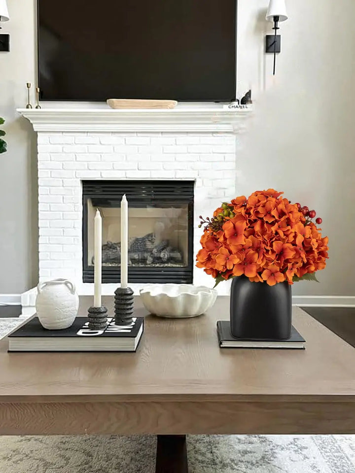 Briful Autumn Hydrangea Artificial Flowers in Black Square Ceramic Pot, Burnt Orange