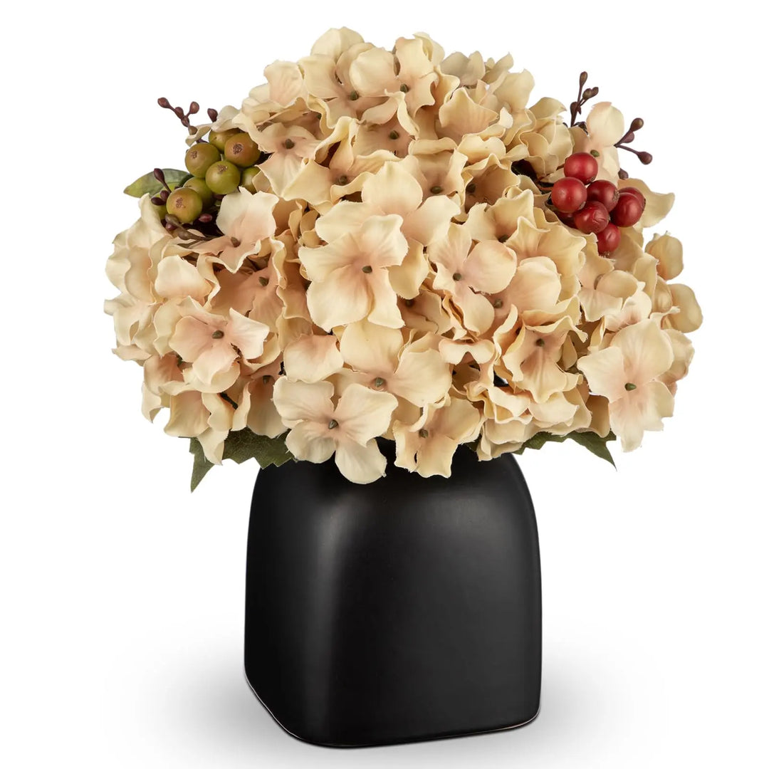 Briful Hydrangea Artificial Flowers in Ceramic Black Vase, Beige Silk Hydrangea Centerpiece