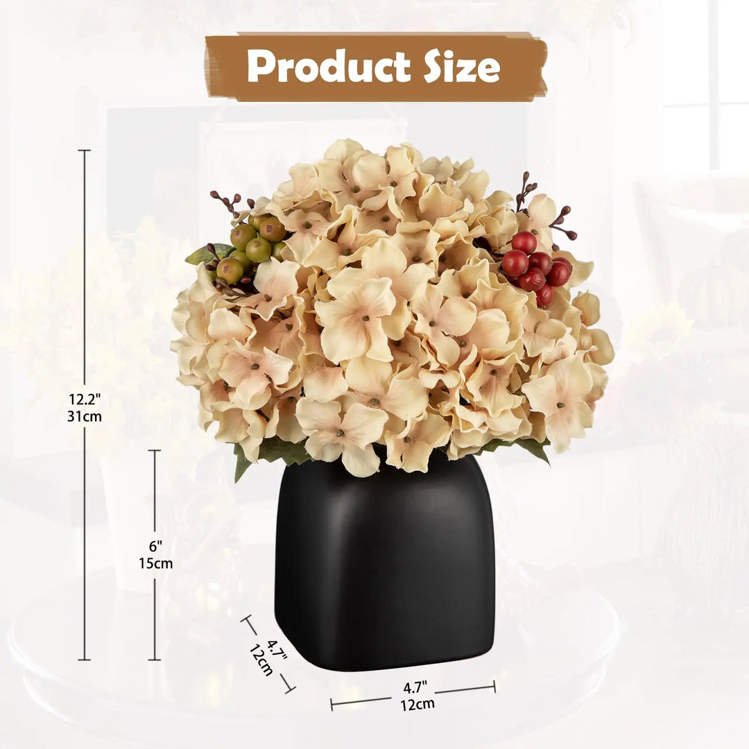 Briful Hydrangea Artificial Flowers in Ceramic Black Vase, Beige Silk Hydrangea Centerpiece